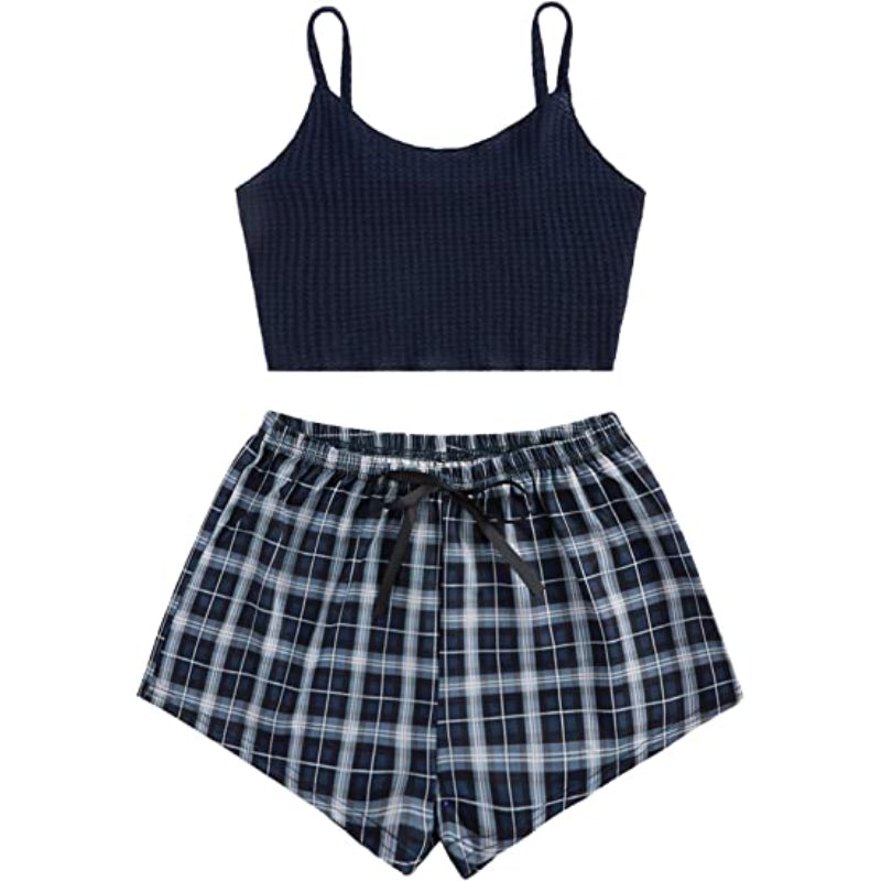 Women's 2 Piece Sleeveless Button Crop Tank Tops & Shorts Lounge Set-Original Pajamas