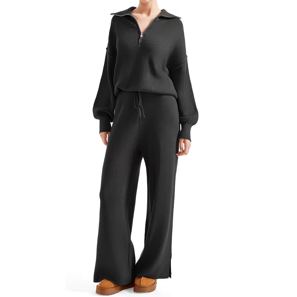 Zip Collar Knit Top Pant Set