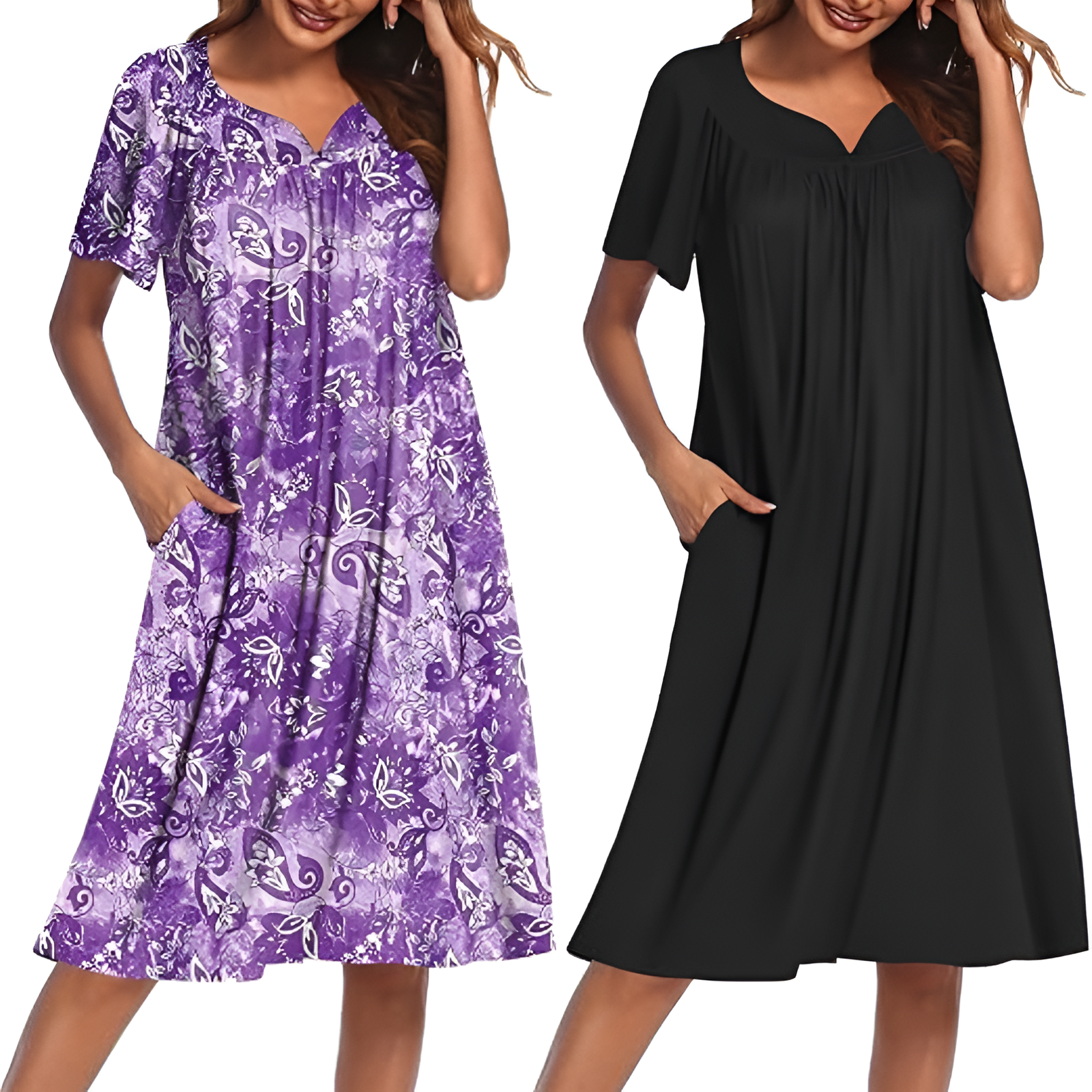 Pack Of 2 Casual House Dresses For Women With Pockets And Floral Print
