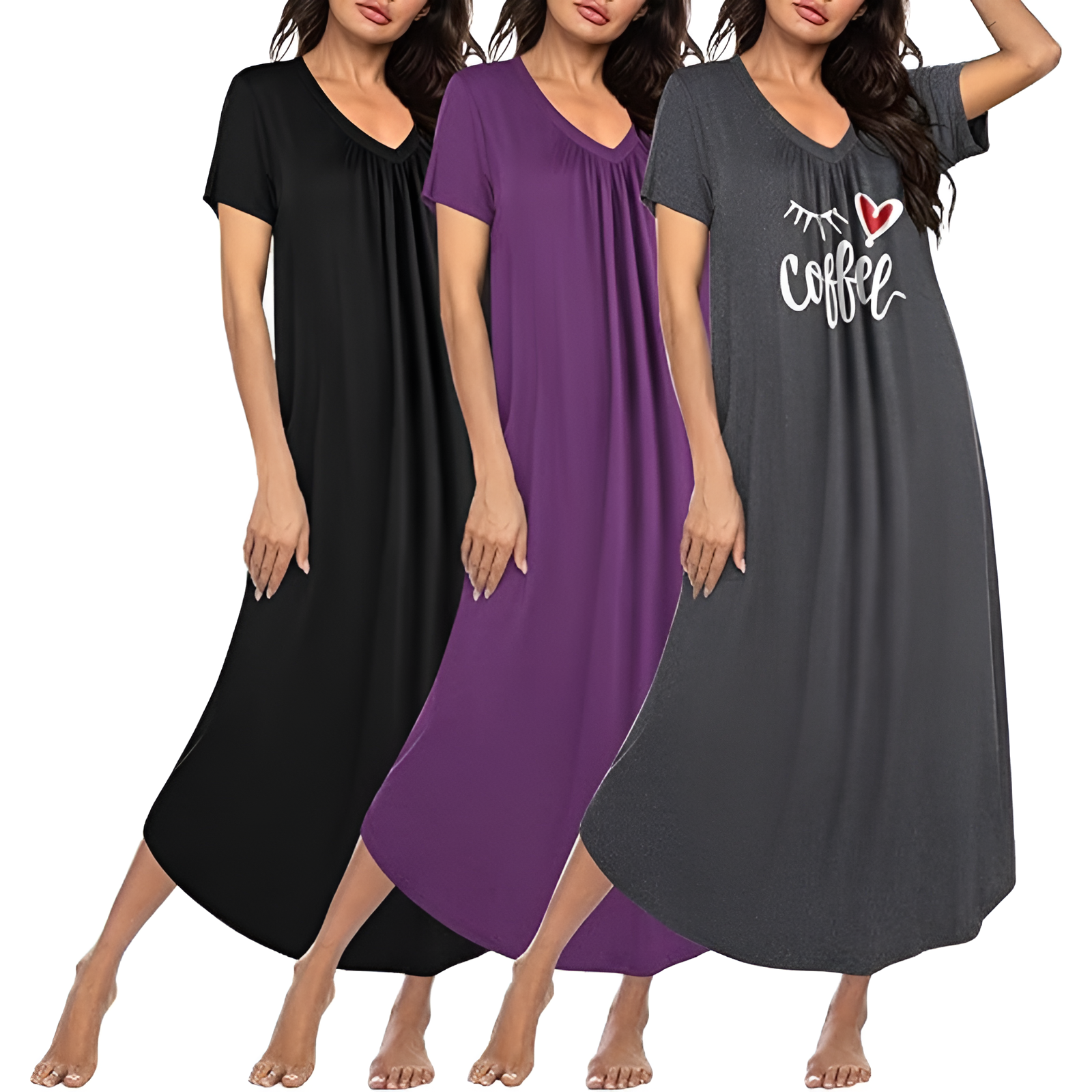 Pack Of 3 Long Nightgowns For Women With Short Sleeves