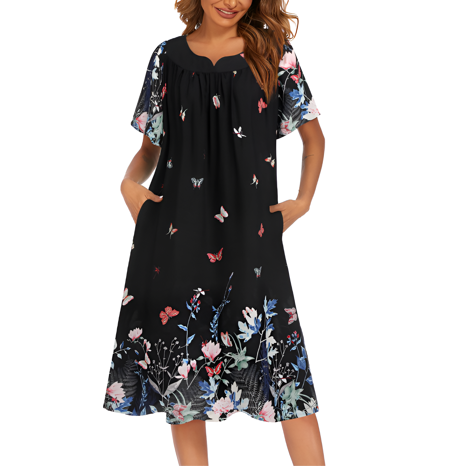 Pleated Nightgown With Short Sleeves And Pockets For Women