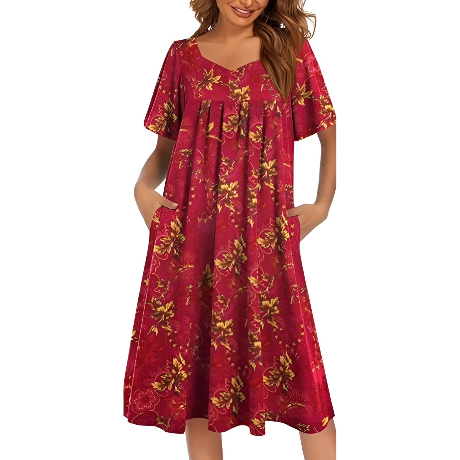 Pleated Nightgown With Short Sleeves And Pockets For Women