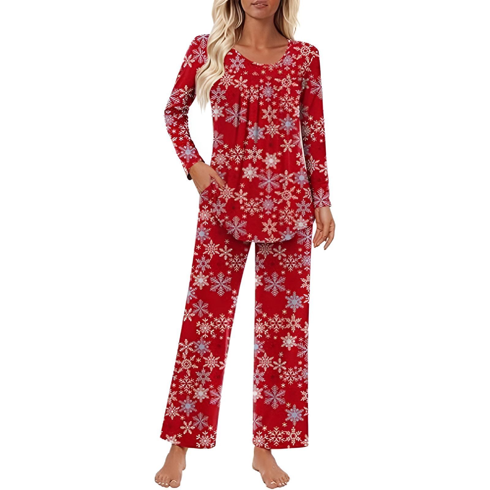 Long Sleeve Top And Loose Pants Two Piece Matching Pajama Set For Women