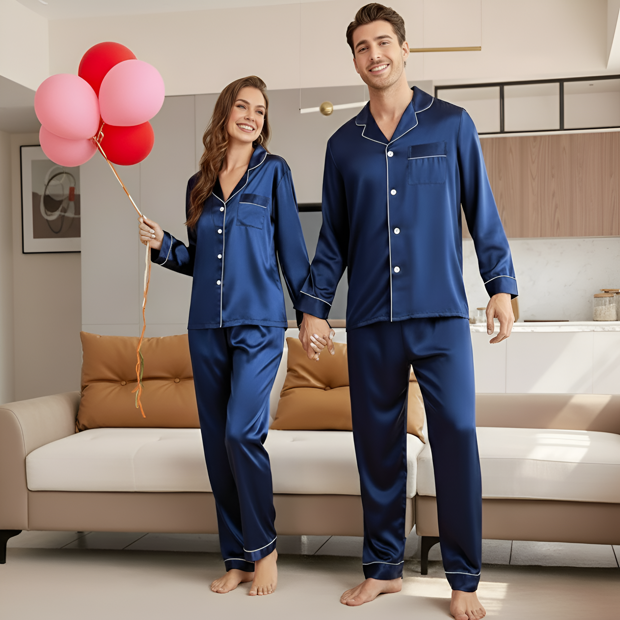 Price for a Single Set of Couple'S Pajamas for Men Or WomenCardigan Style Satin Pajama Set For Couple - Image 2