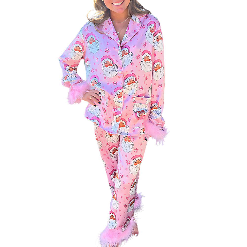 Santa Print Feather Trim Holiday Pajama Set-Original Pajamas