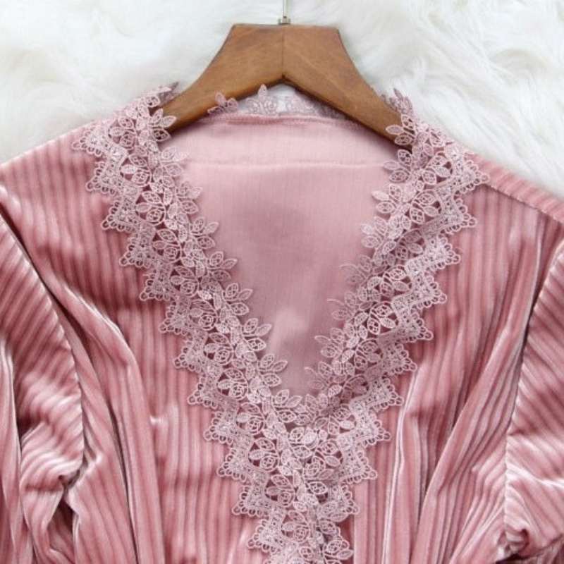 Velvet Sleepwear 3 Piece Pajamas Lace Trim Solid-Original Pajamas