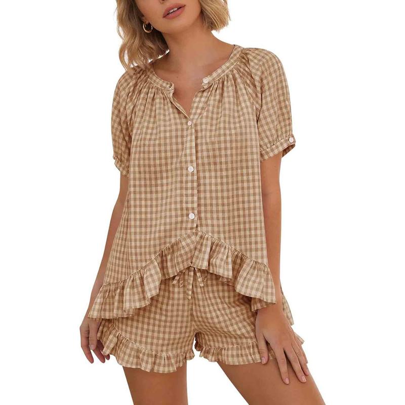 Ruffle Shirt And Plaid Shorts Two Piece Outfit Set