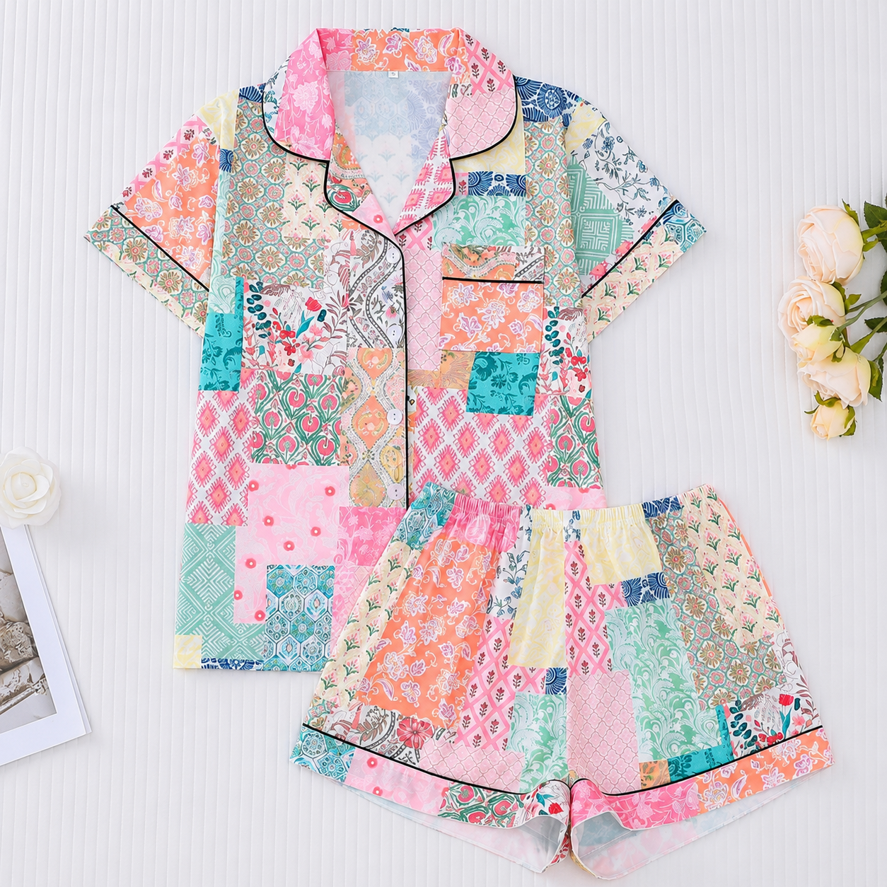 Casual Floral Print Button Up Shirt And Elastic Shorts Pajama Set For Women