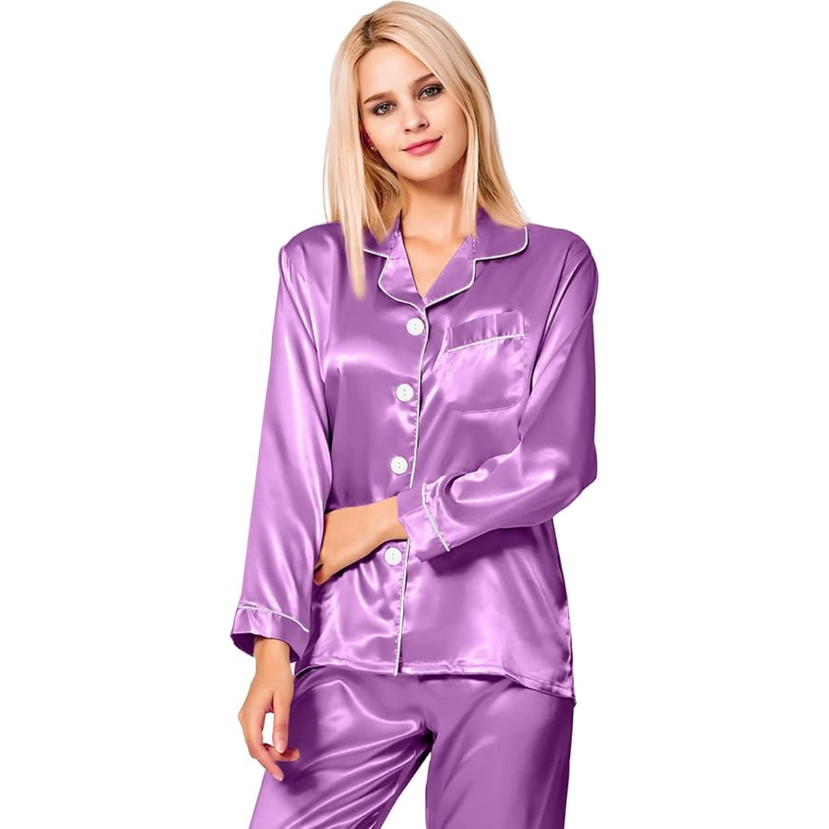 Long Sleeve Button Up Satin Pajama Set-Original Pajamas