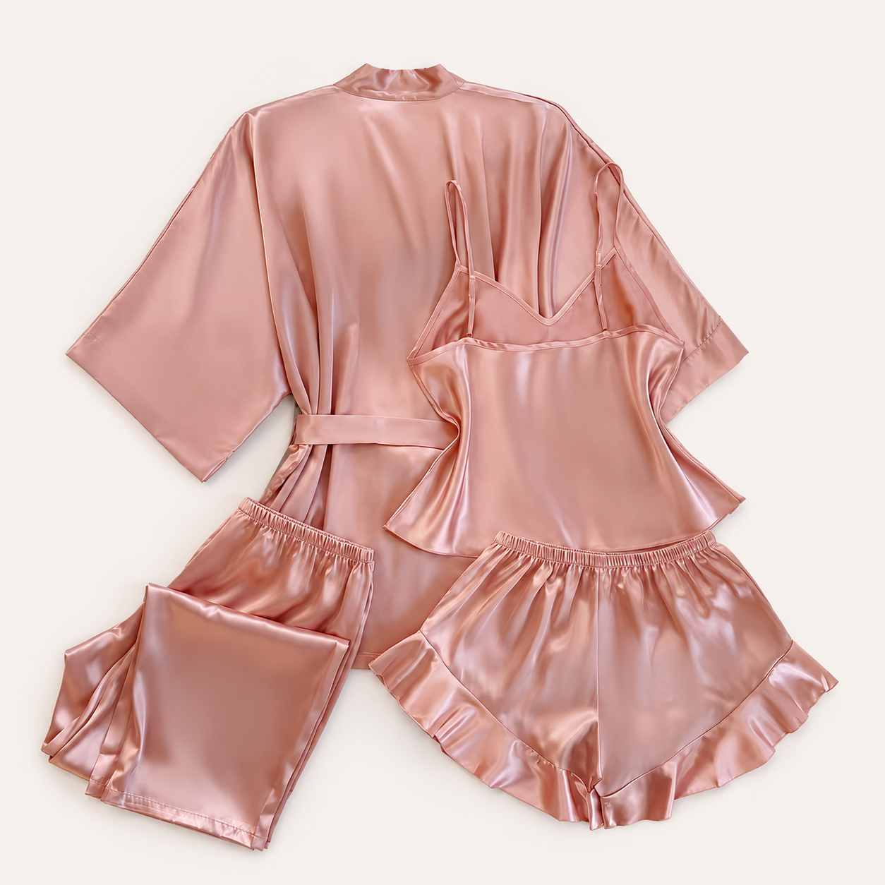 Four Piece V Style Sleepwear Set With Drawstring Shorts For Women