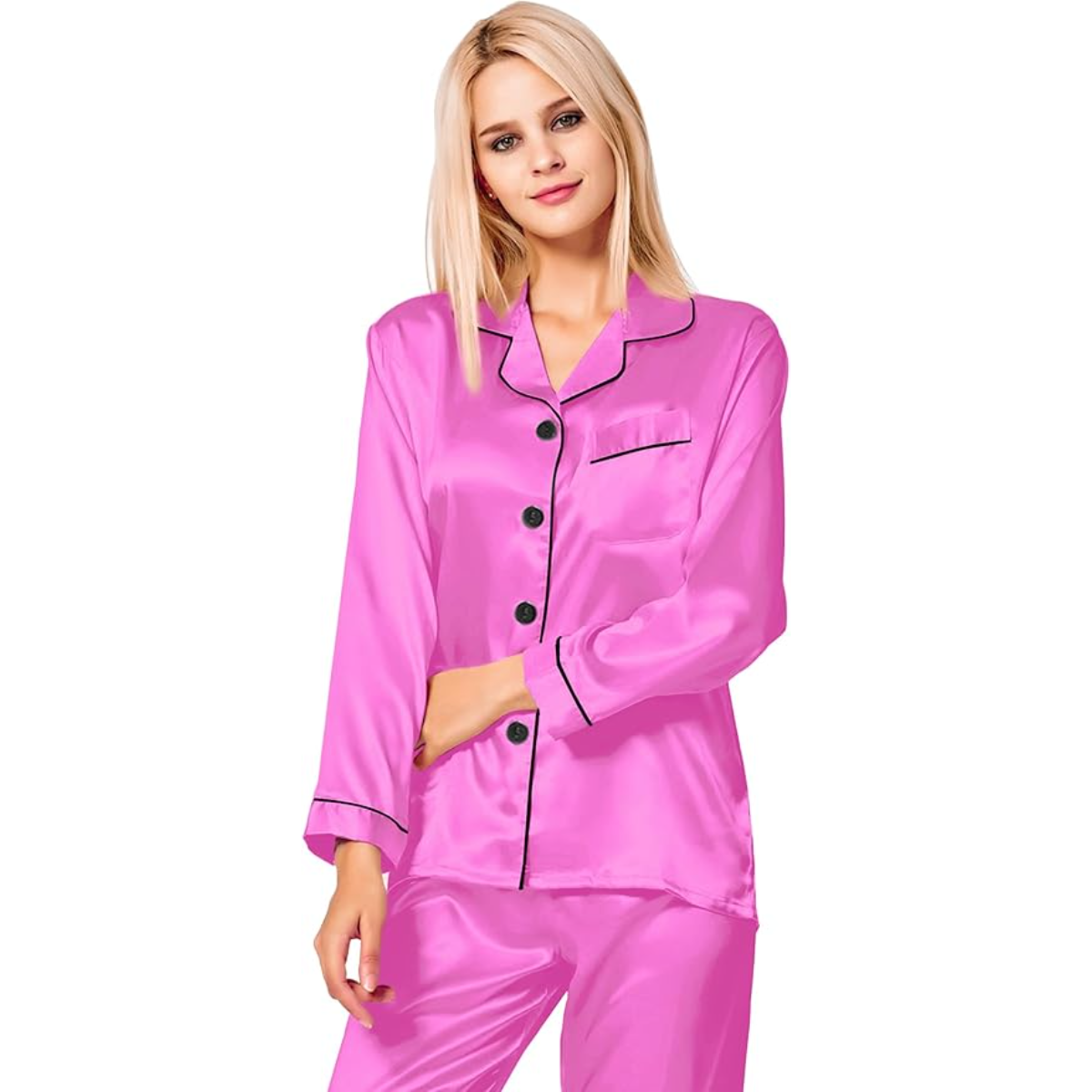 Long Sleeve Button Down Satin Pajama Set-Original Pajamas