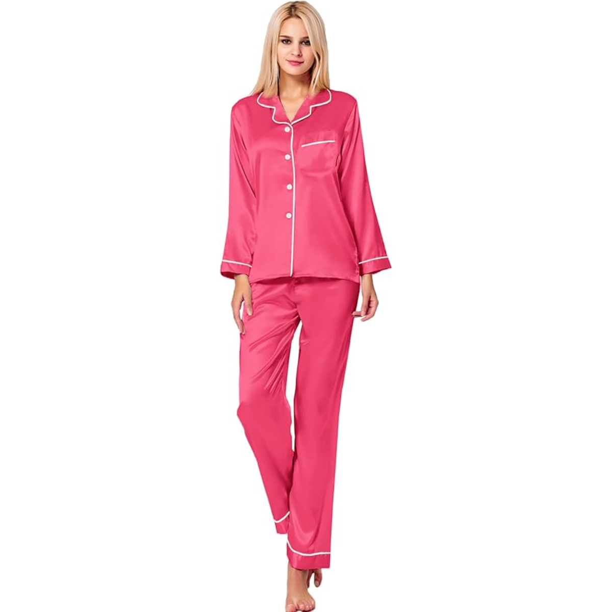 Long Sleeve Button Up Satin Pajama Set-Original Pajamas
