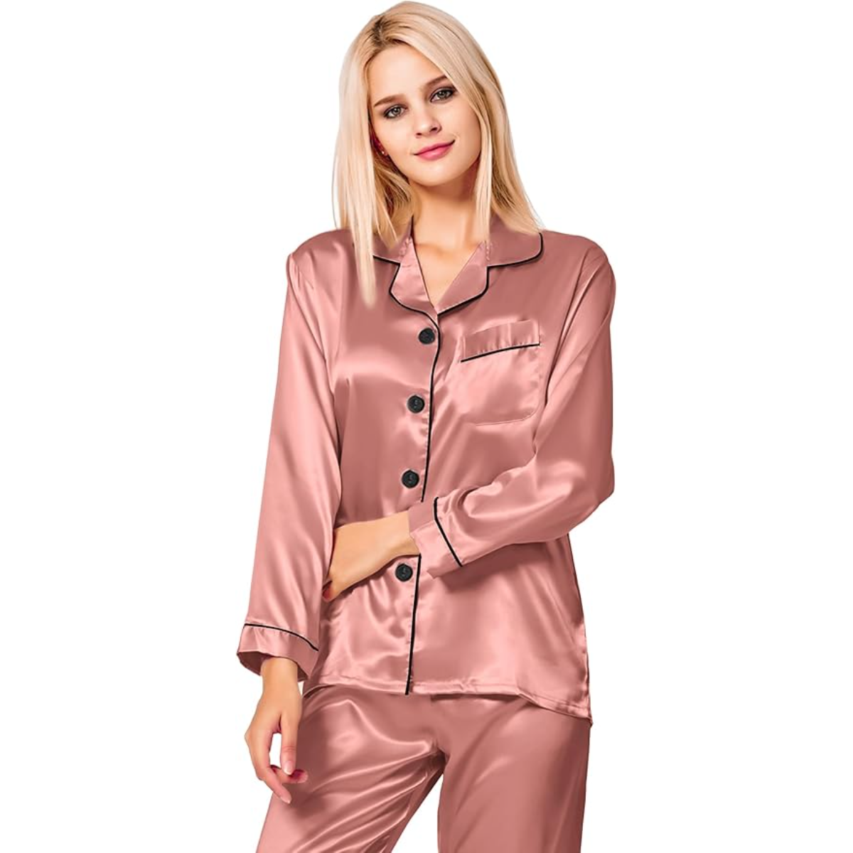 Long Sleeve Button Down Satin Pajama Set-Original Pajamas