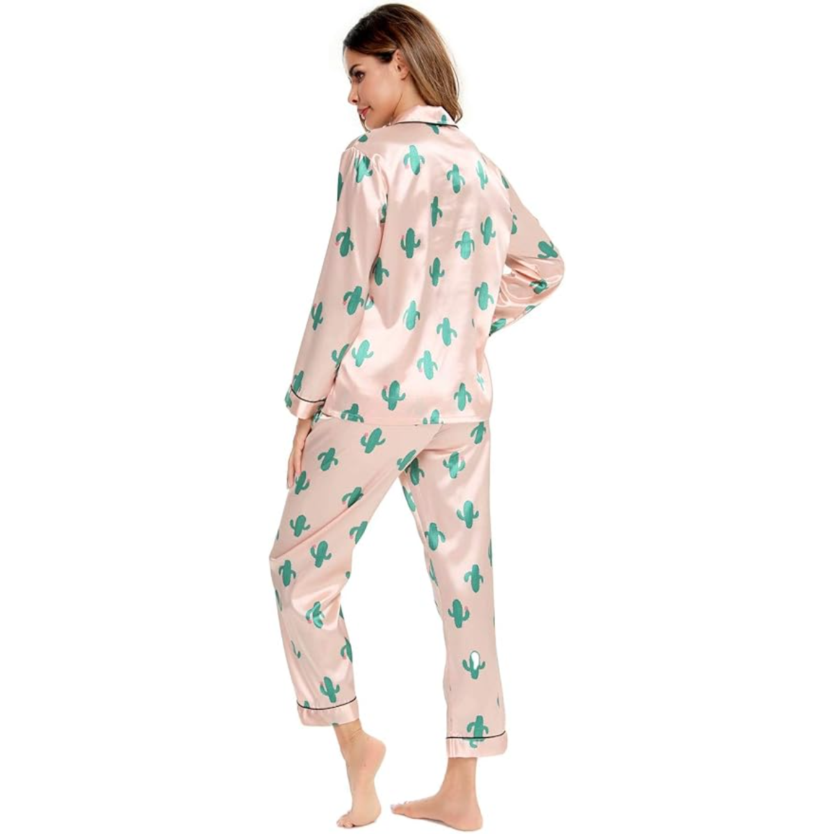 Long Sleeve Printed Button Down Satin Pajama Set-Original Pajamas