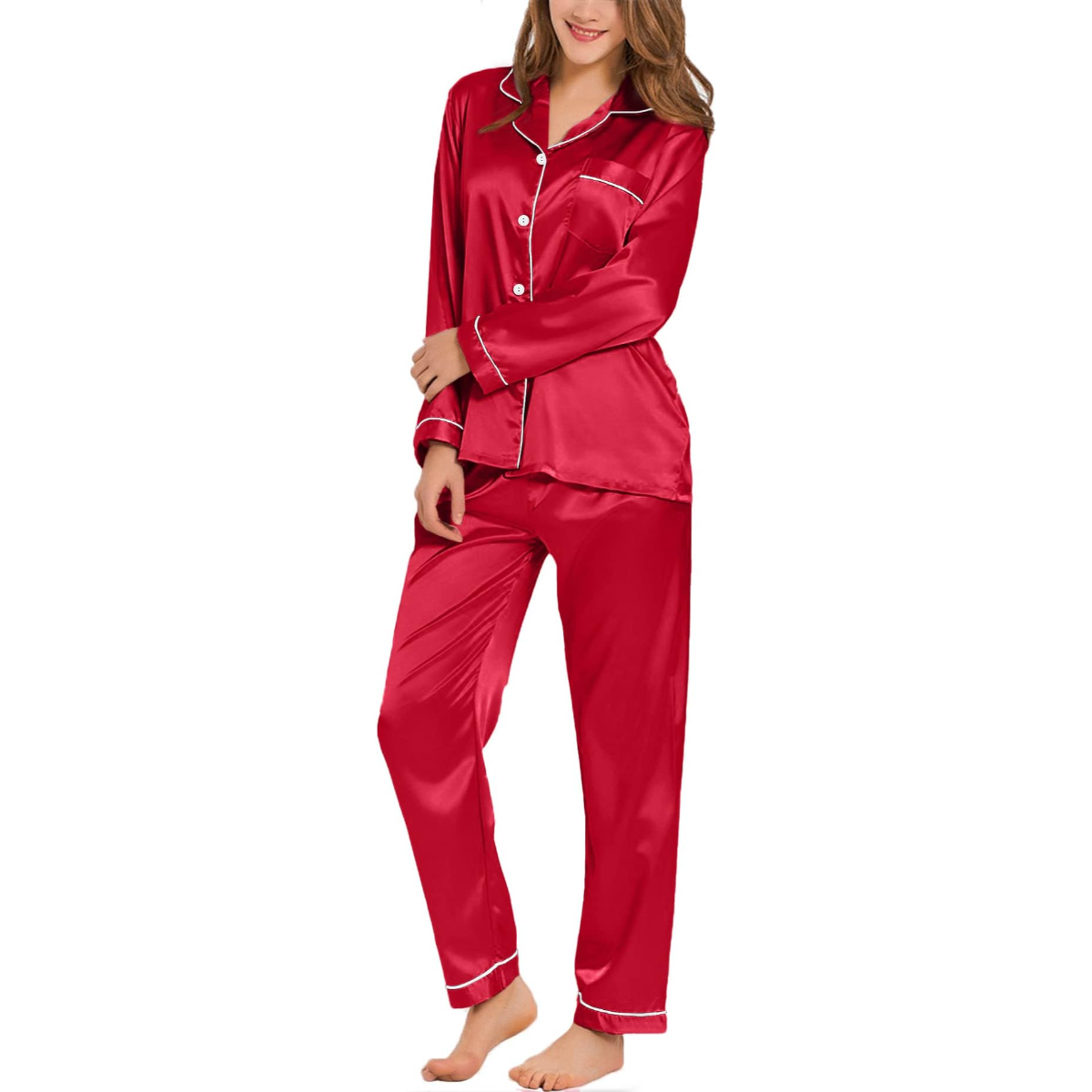 Button Down Long Sleeve Satin Pajama Set-Original Pajamas