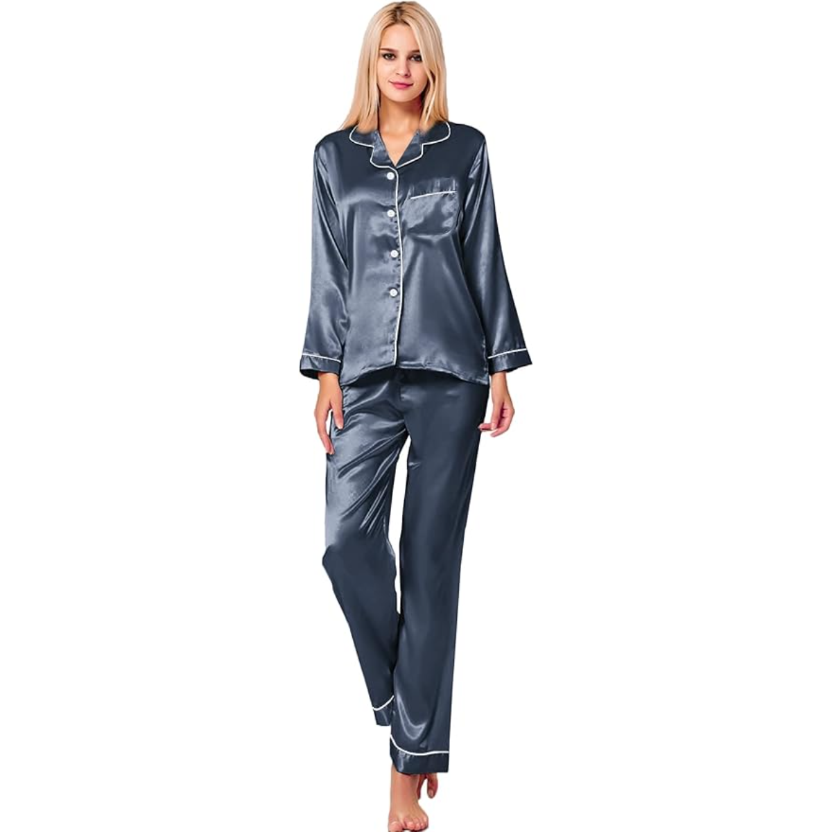 Long Sleeve Button Down Satin Pajama Set-Original Pajamas