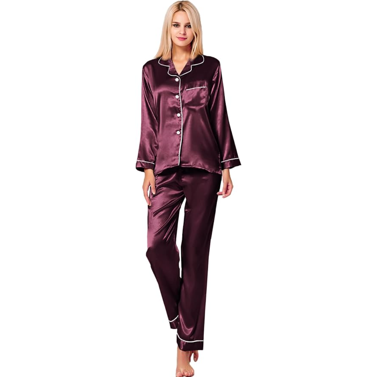 Long Sleeve Button Down Satin Pajama Set-Original Pajamas