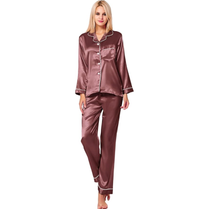 Long Sleeve Button Up Satin Pajama Set-Original Pajamas
