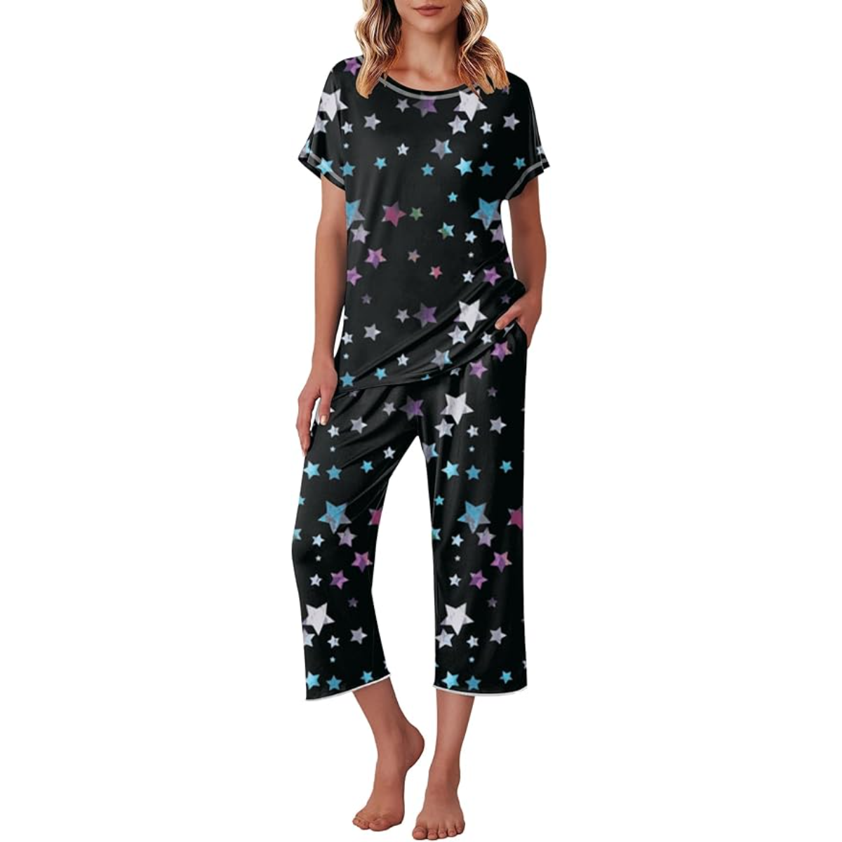 Star Printed Capri Pajama Set With Short Sleeve Top-Original Pajamas