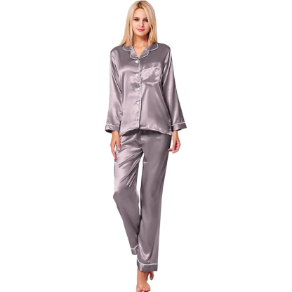 Long Sleeve Button Down Satin Pajama Set-Original Pajamas