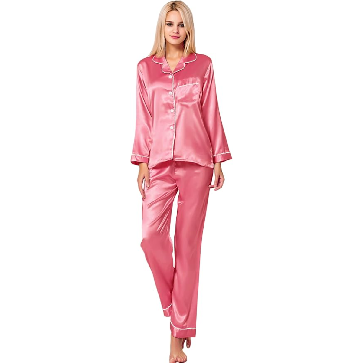 Long Sleeve Button Down Satin Pajama Set-Original Pajamas