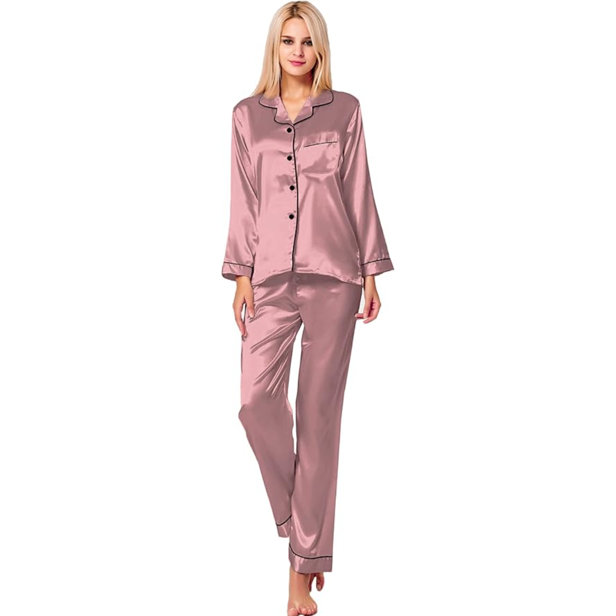 Long Sleeve Button Up Satin Pajama Set-Original Pajamas