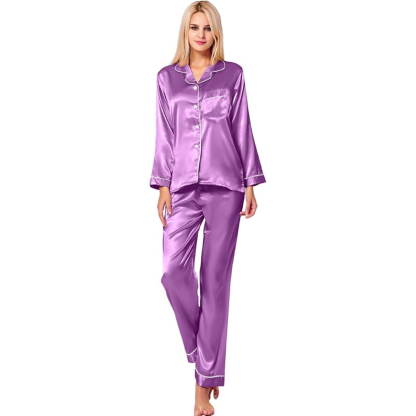 Long Sleeve Button Up Satin Pajama Set-Original Pajamas