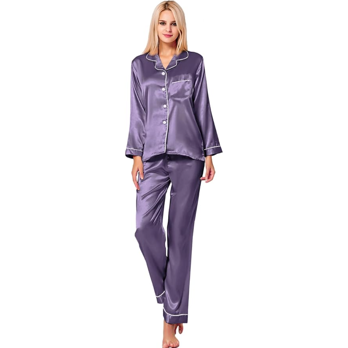 Button Down Long Sleeve Satin Pajama Set-Original Pajamas