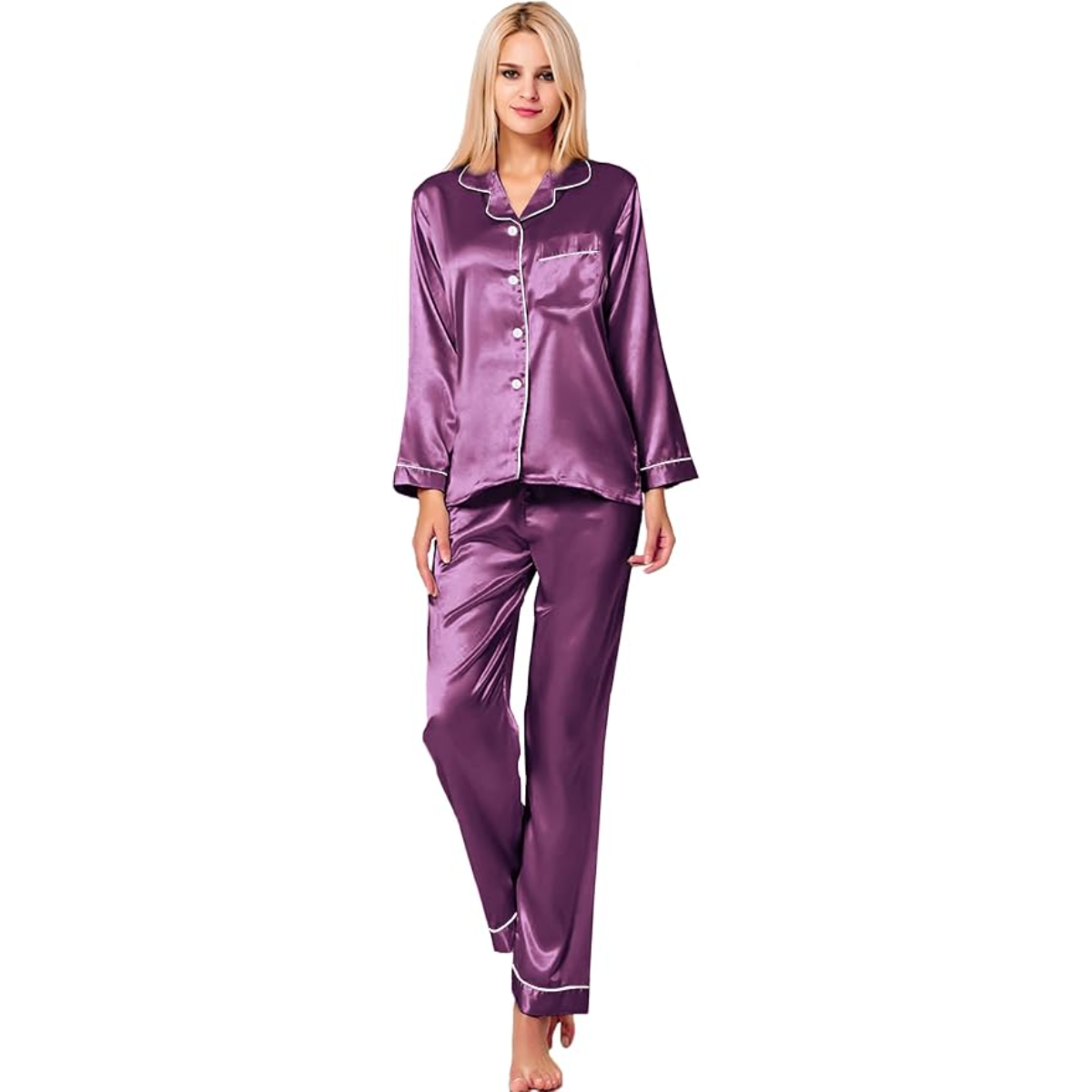 Button Down Long Sleeve Satin Pajama Set-Original Pajamas