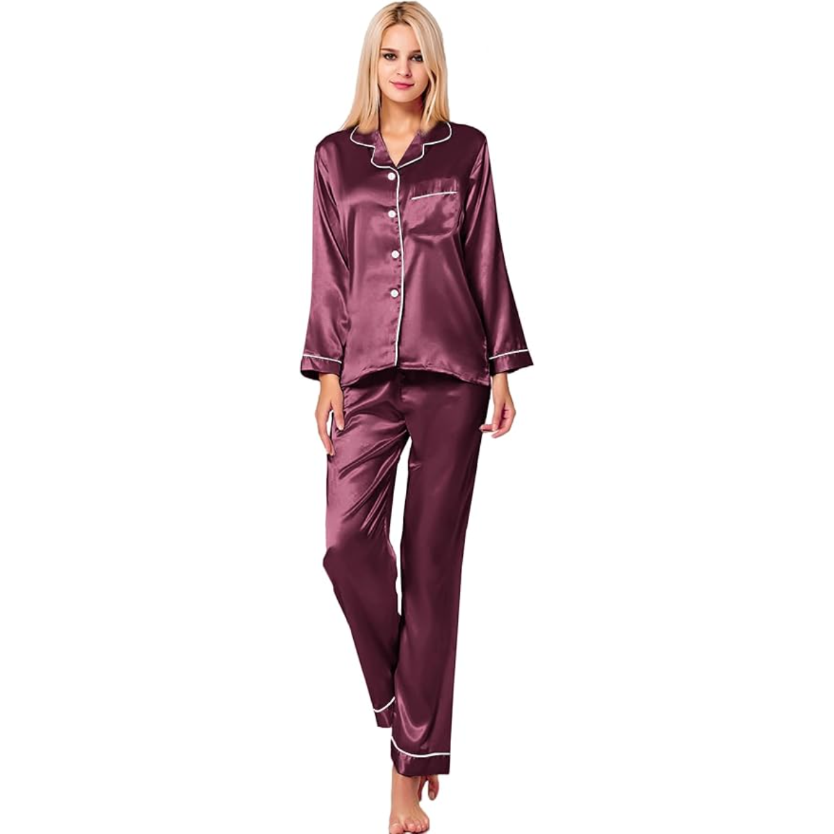 Long Sleeve Button Down Satin Pajama Set-Original Pajamas