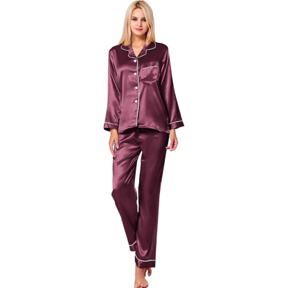 Long Sleeve Button Down Satin Pajama Set-Original Pajamas