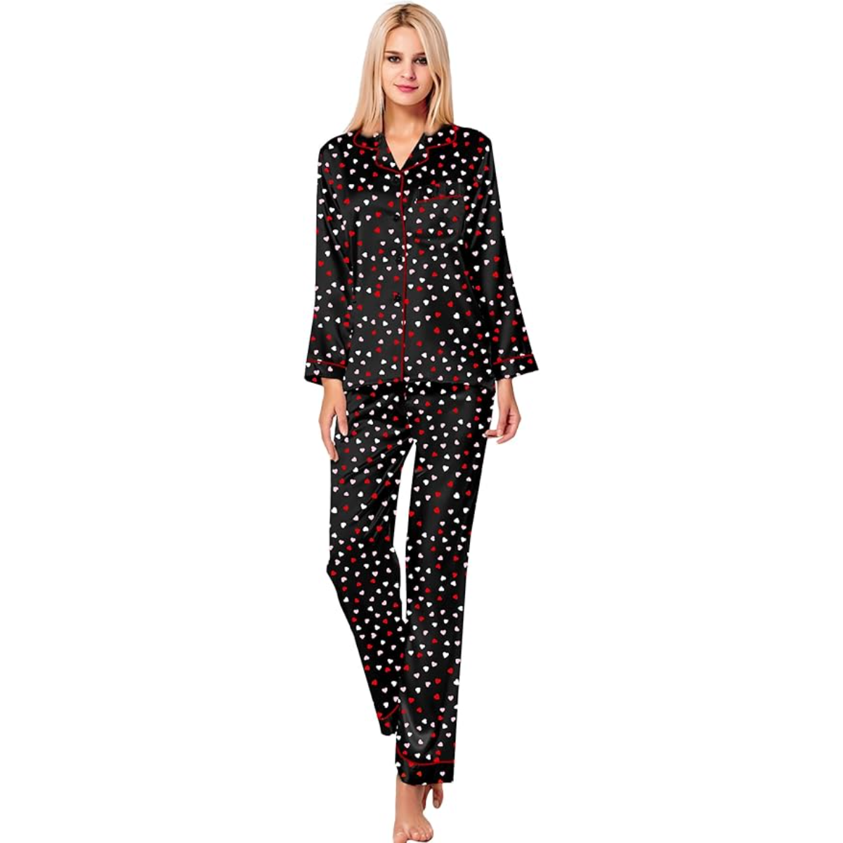 Long Sleeve Printed Button Down Satin Pajama Set-Original Pajamas