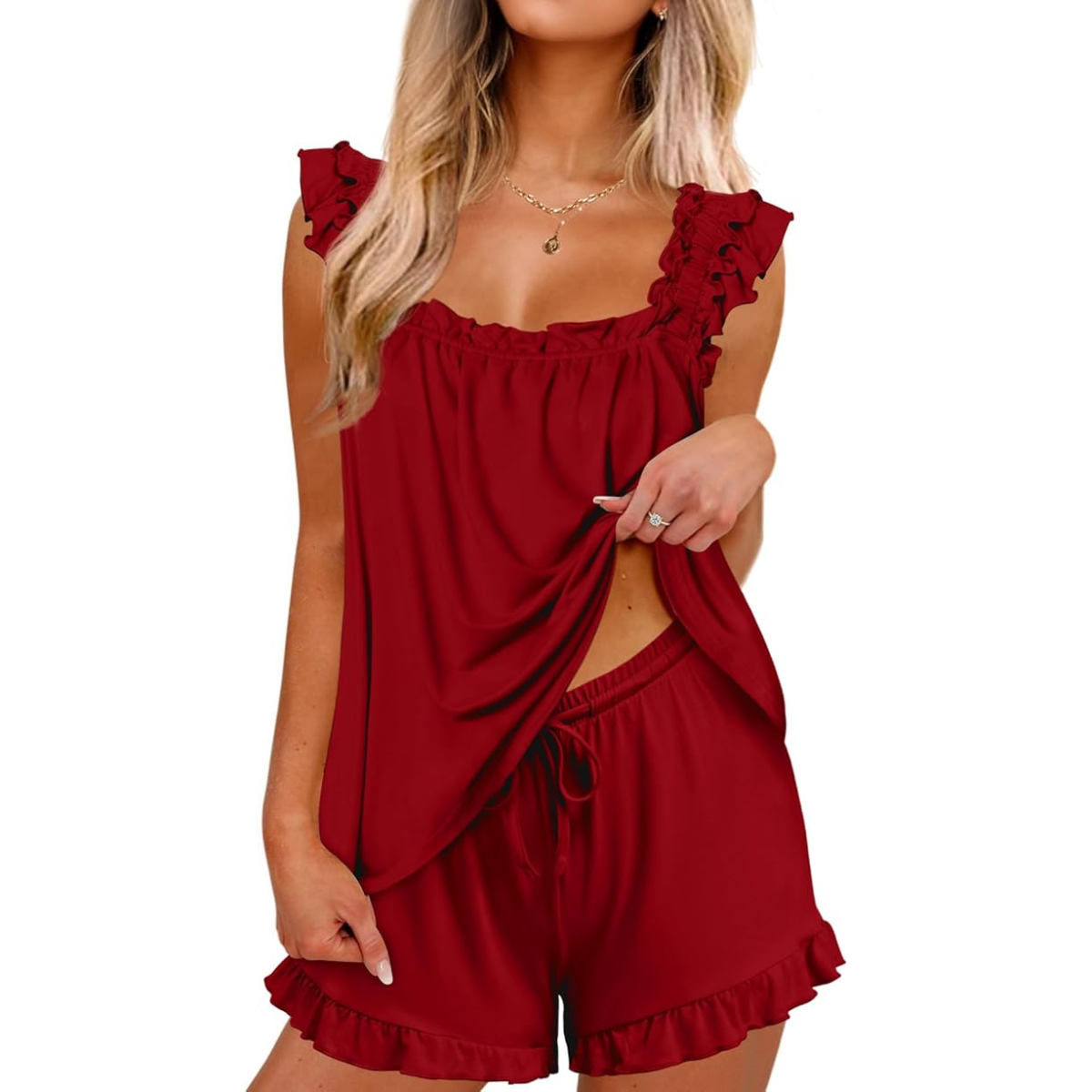 2 Piece Ruffle Pajama Set With Tank Top And Shorts For Women