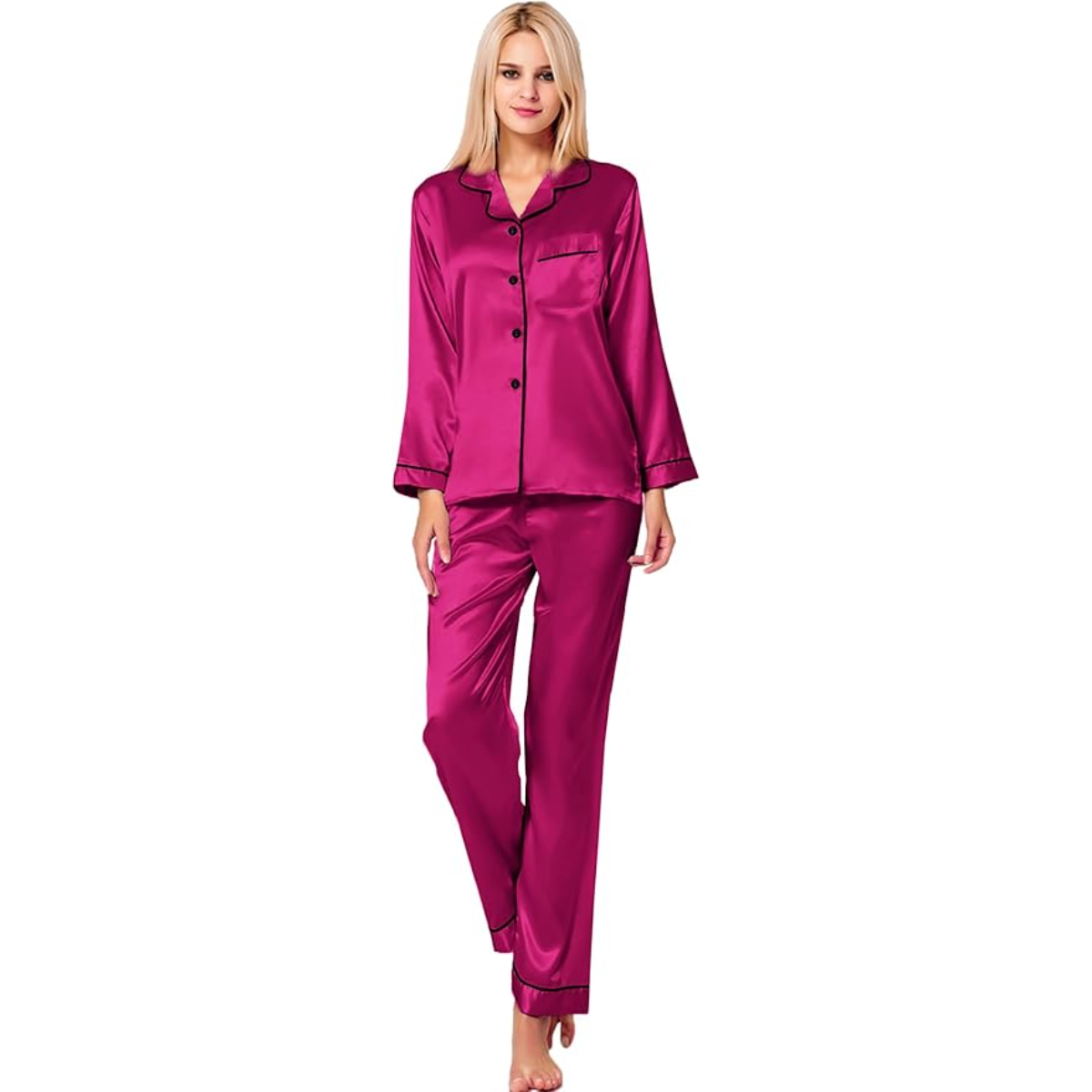 Long Sleeve Button Up Satin Pajama Set-Original Pajamas