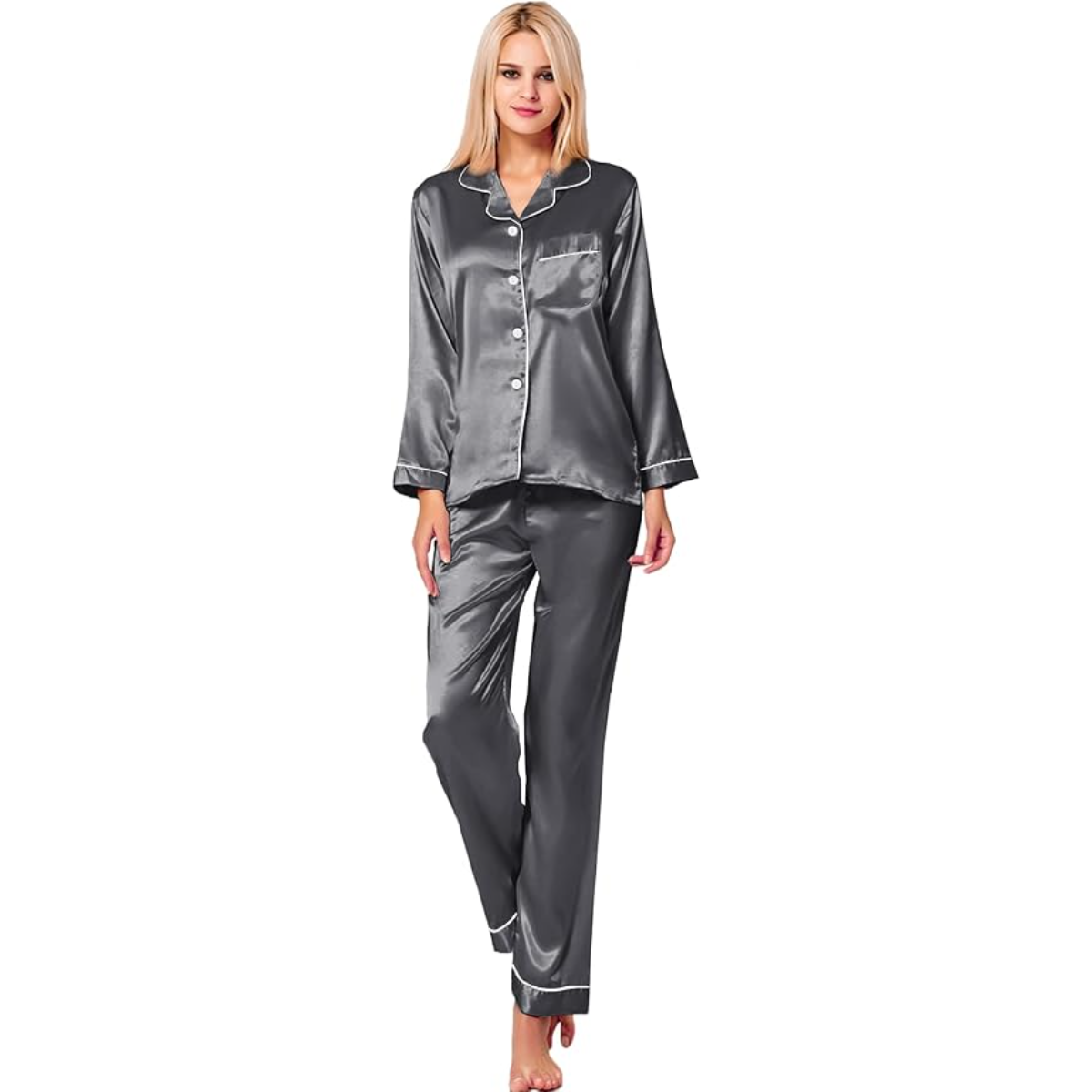 Long Sleeve Button Down Satin Pajama Set-Original Pajamas