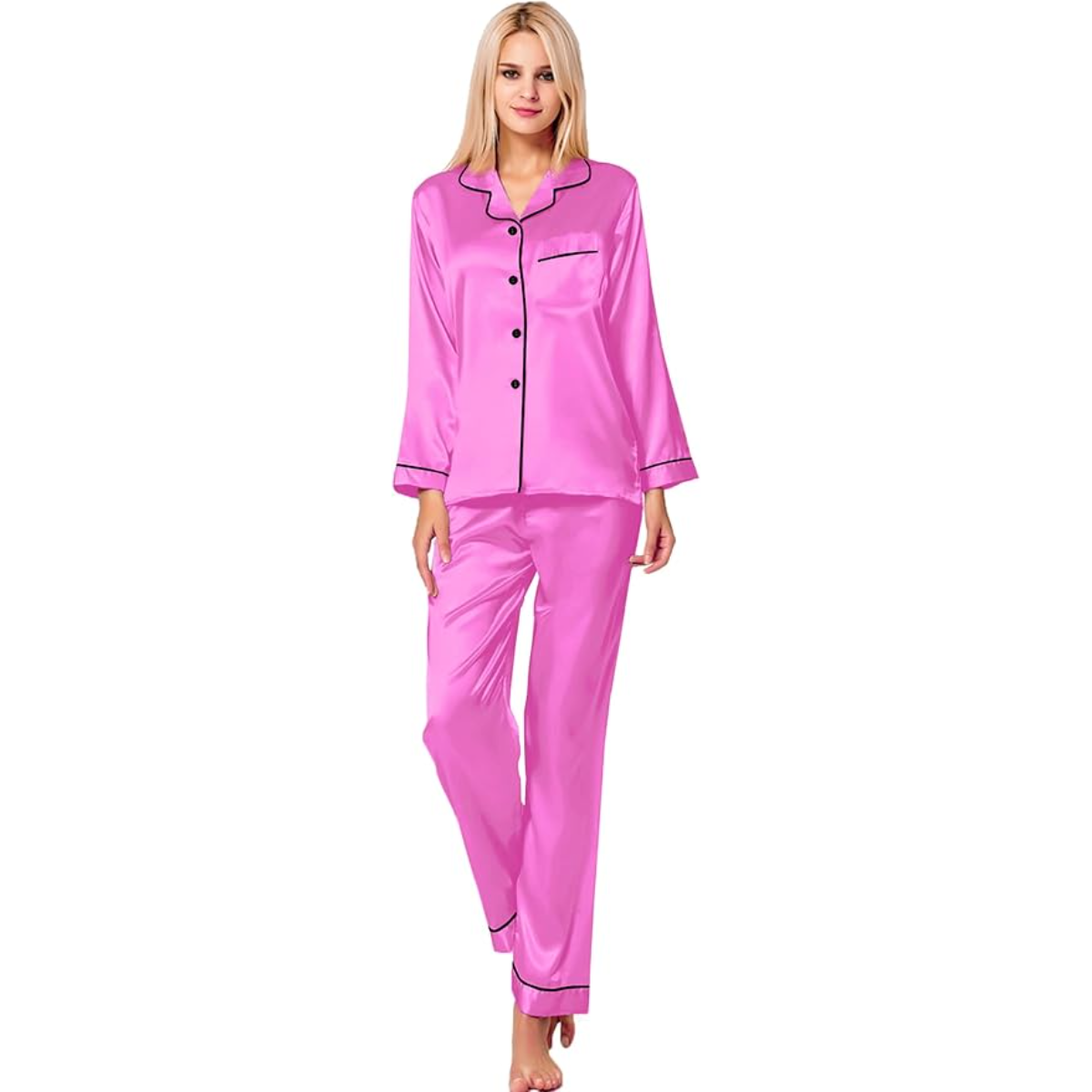 Long Sleeve Button Down Satin Pajama Set-Original Pajamas
