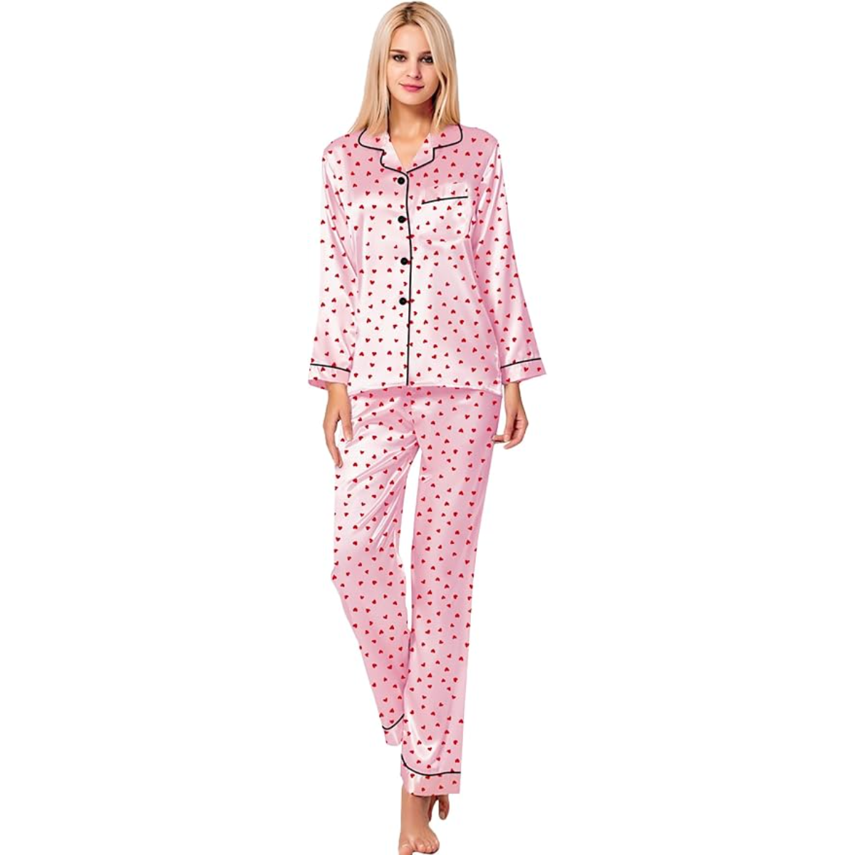 Long Sleeve Printed Button Down Satin Pajama Set-Original Pajamas