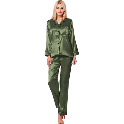 Long Sleeve Button Up Satin Pajama Set-Original Pajamas