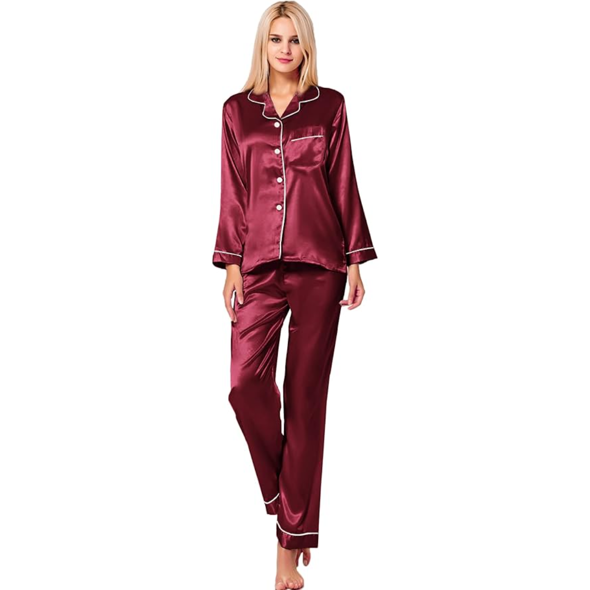 Button Down Long Sleeve Satin Pajama Set-Original Pajamas