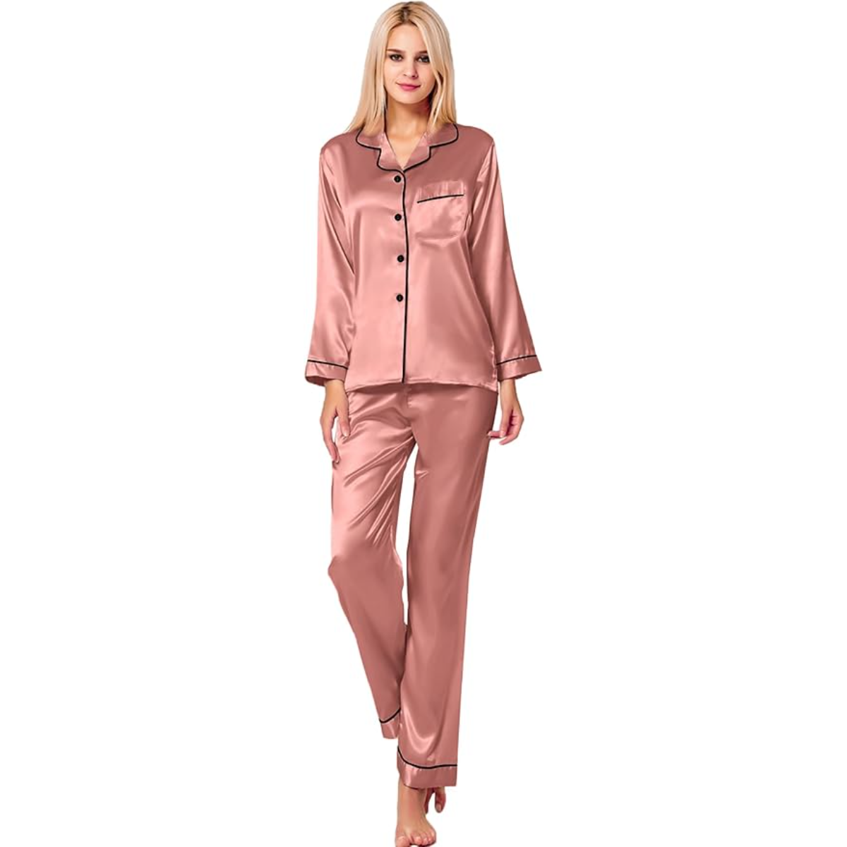 Long Sleeve Button Down Satin Pajama Set-Original Pajamas