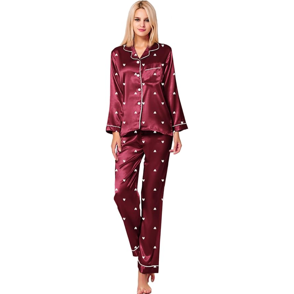 Long Sleeve Printed Button Down Satin Pajama Set-Original Pajamas