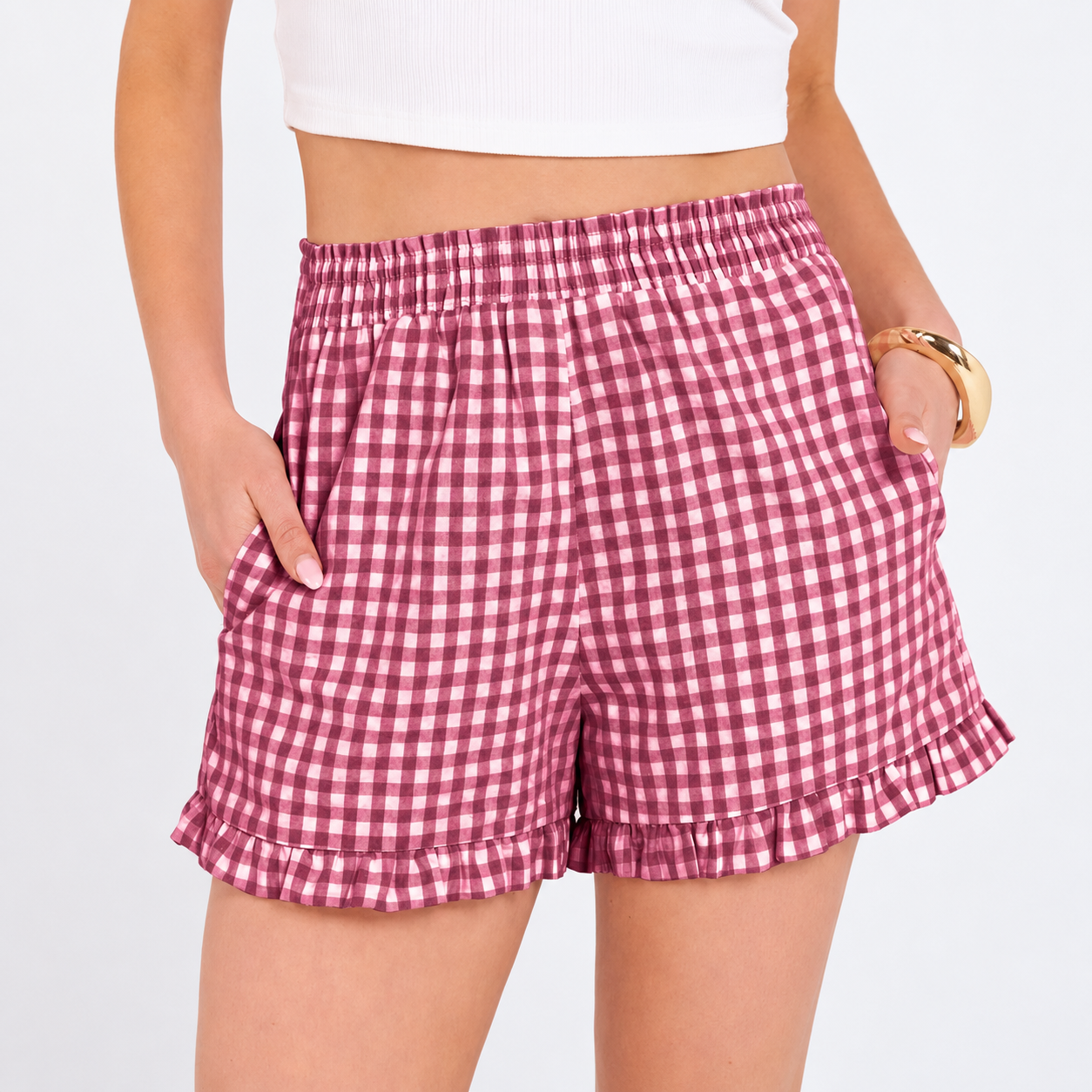 Plaid Ruffle Lounge Pajama Shorts With Pockets For Women 