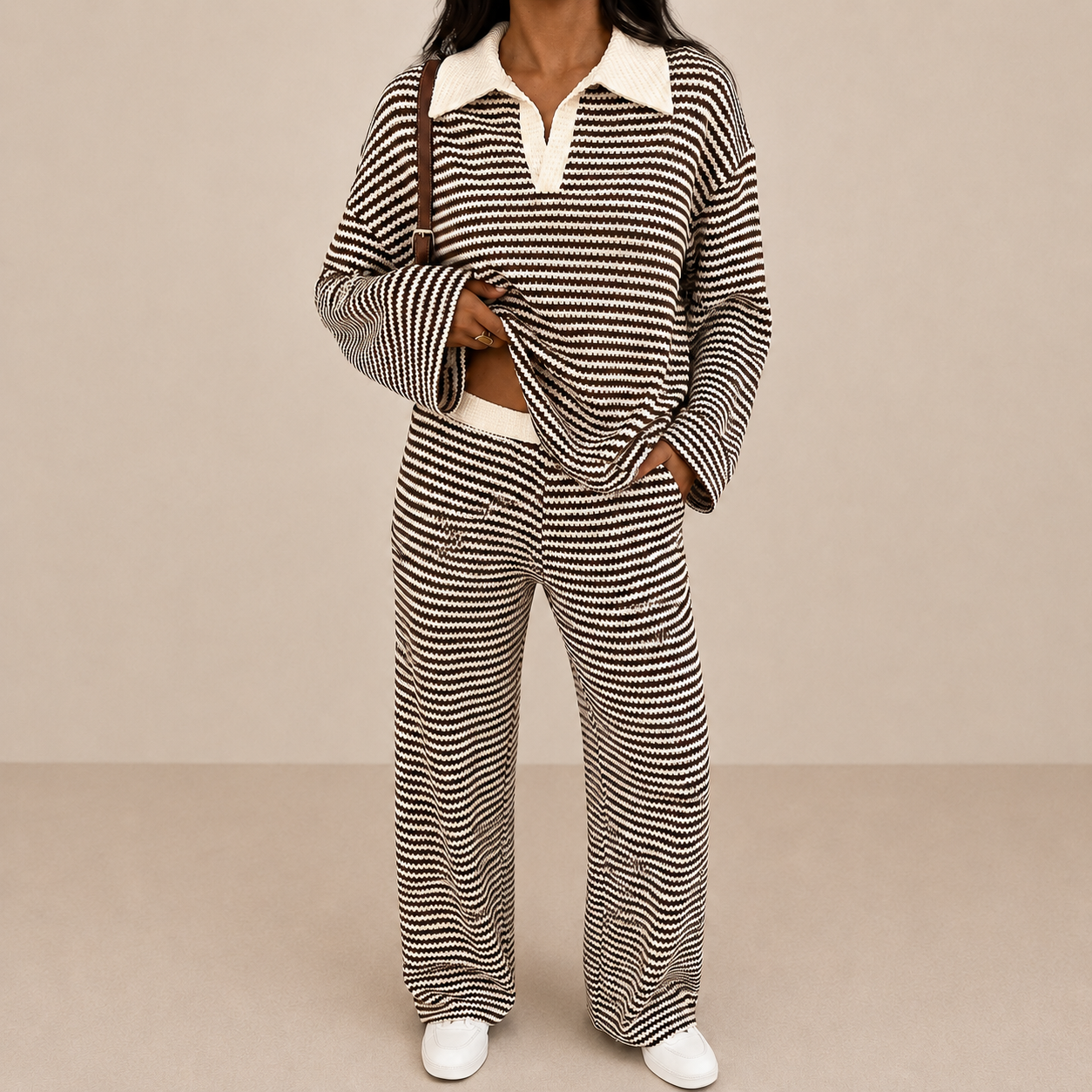 Casual 2 Piece Loose Striped Pattern T Shirt And Pants Set For Women