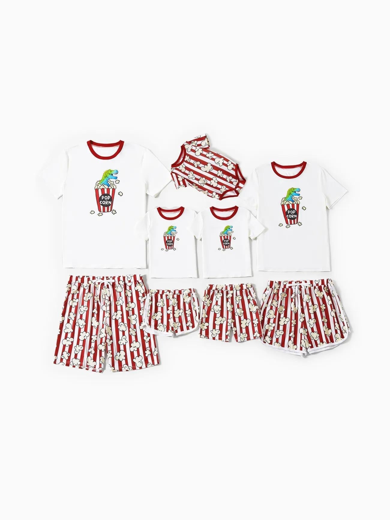 Family Matching Popcorn Pattern Top and Stripe Shorts Set-Original Pajamas