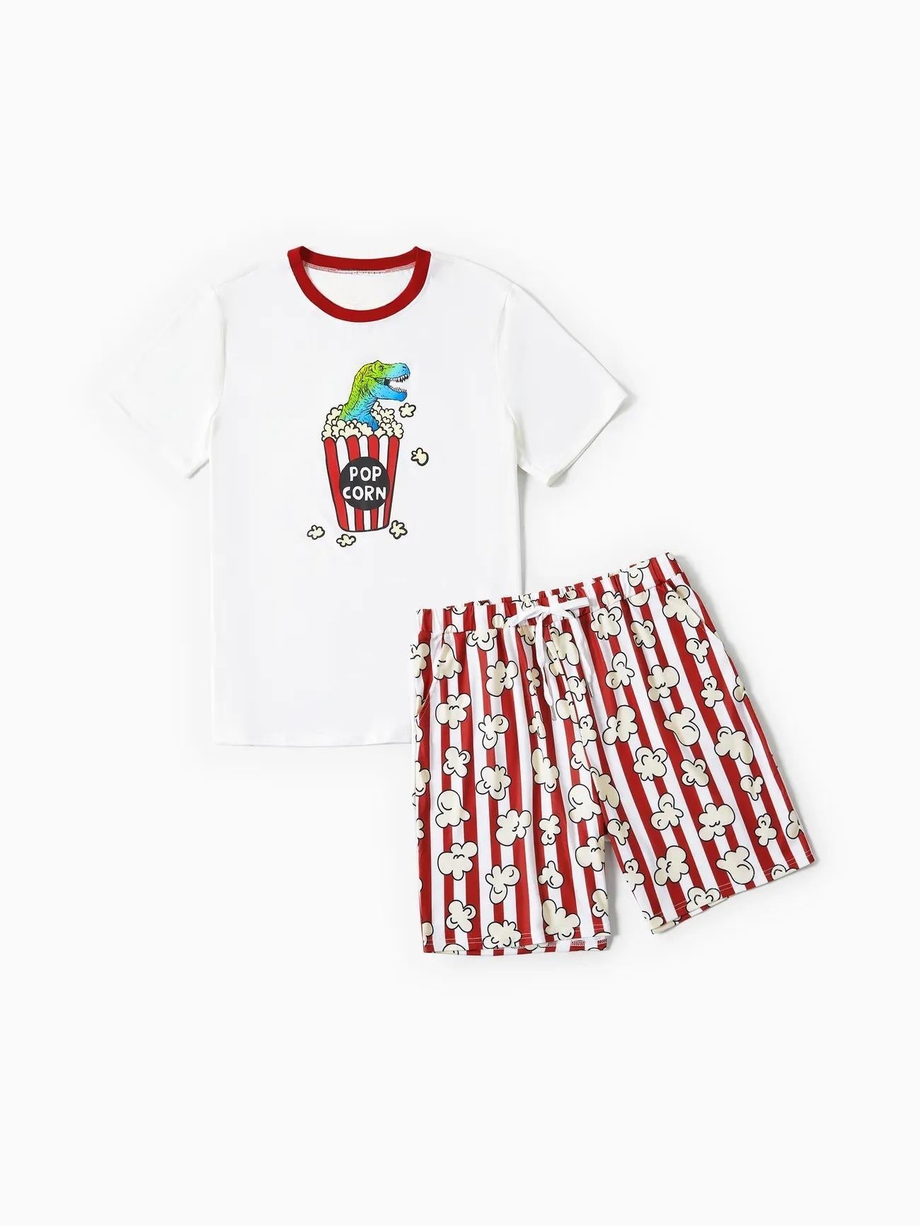Family Matching Popcorn Pattern Top and Stripe Shorts Set-Original Pajamas