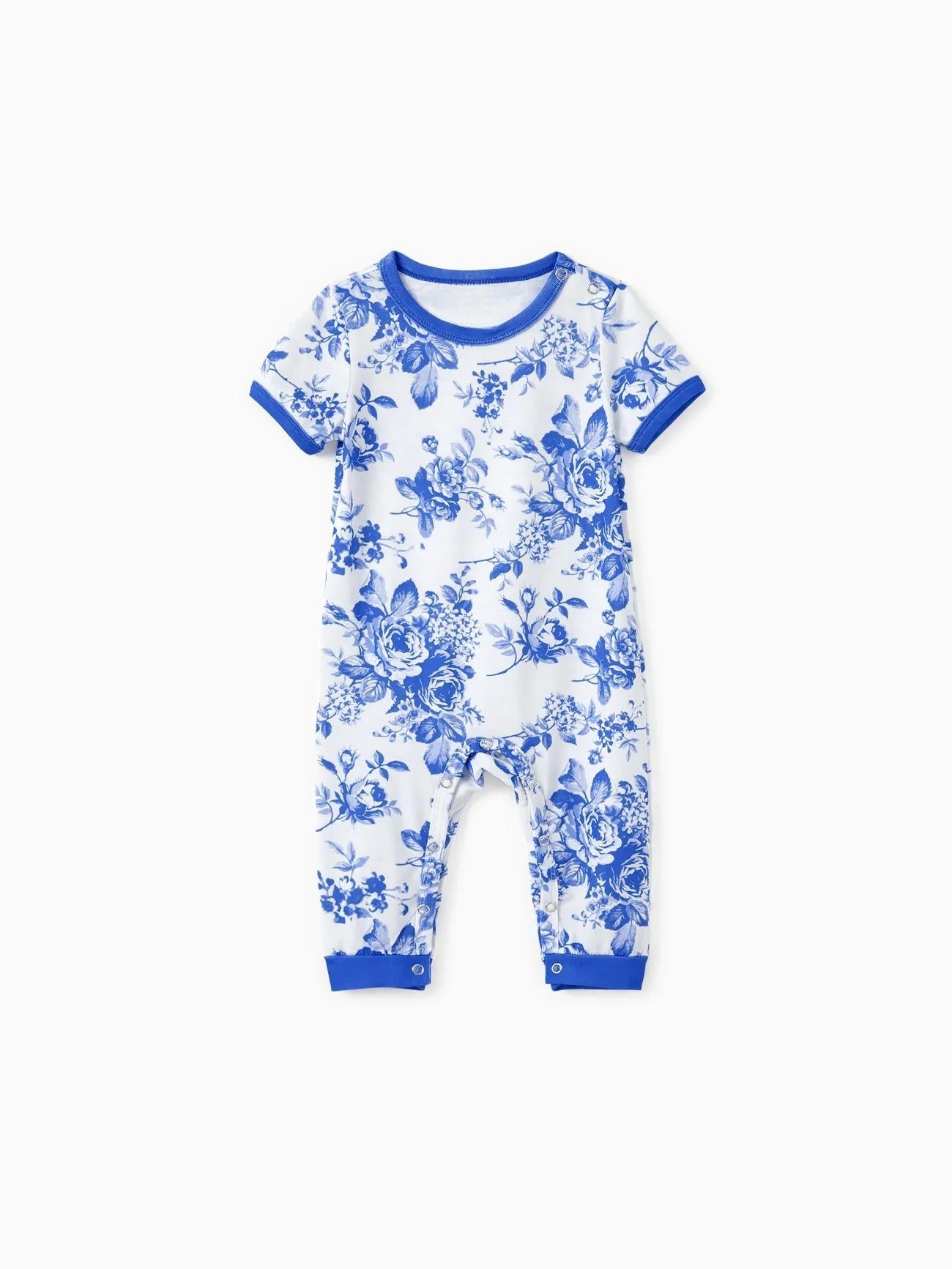 Family Matching Blue Floral Shorts Set With Drawstrings-Original Pajamas