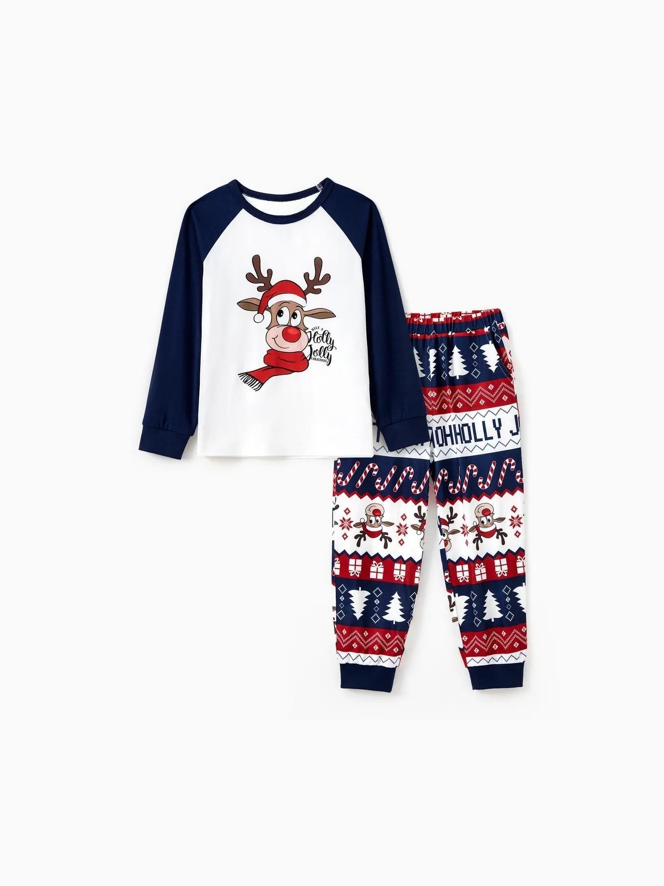 Printed Family Christmas Pajama Set With Reindeer Graphics And Pockets-Original Pajamas