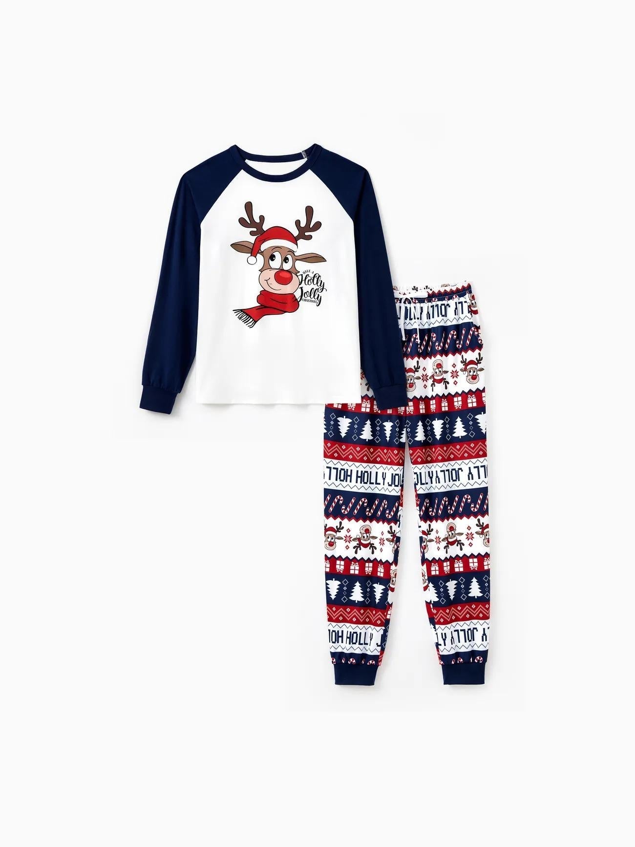 Printed Family Christmas Pajama Set With Reindeer Graphics And Pockets-Original Pajamas