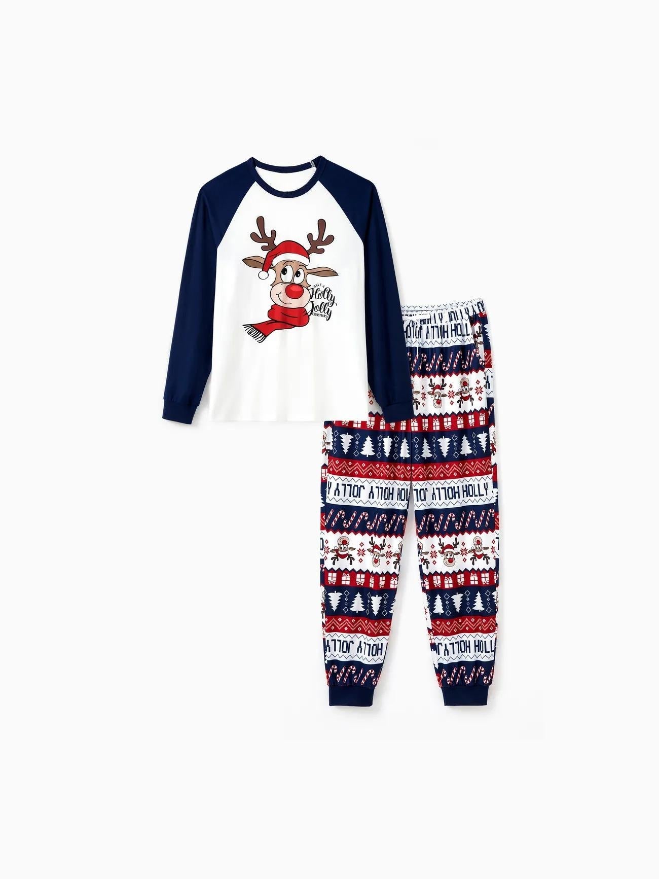 Printed Family Christmas Pajama Set With Reindeer Graphics And Pockets-Original Pajamas