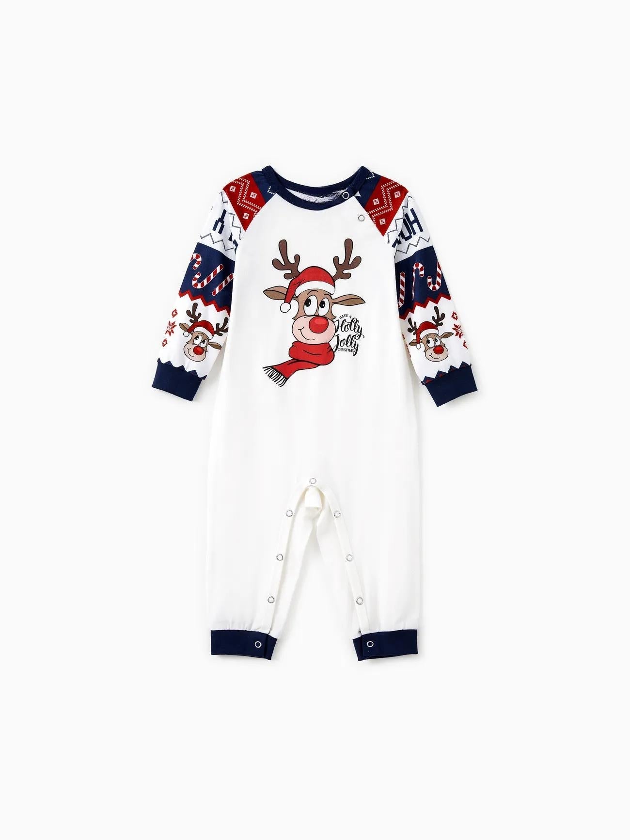Printed Family Christmas Pajama Set With Reindeer Graphics And Pockets-Original Pajamas